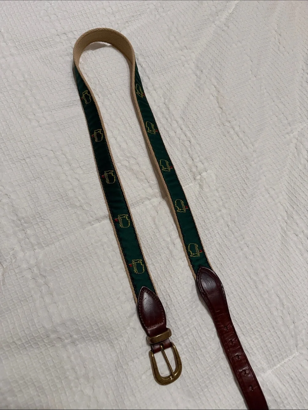 Masters Green Patterned Web Belt with Brown Leather Accents